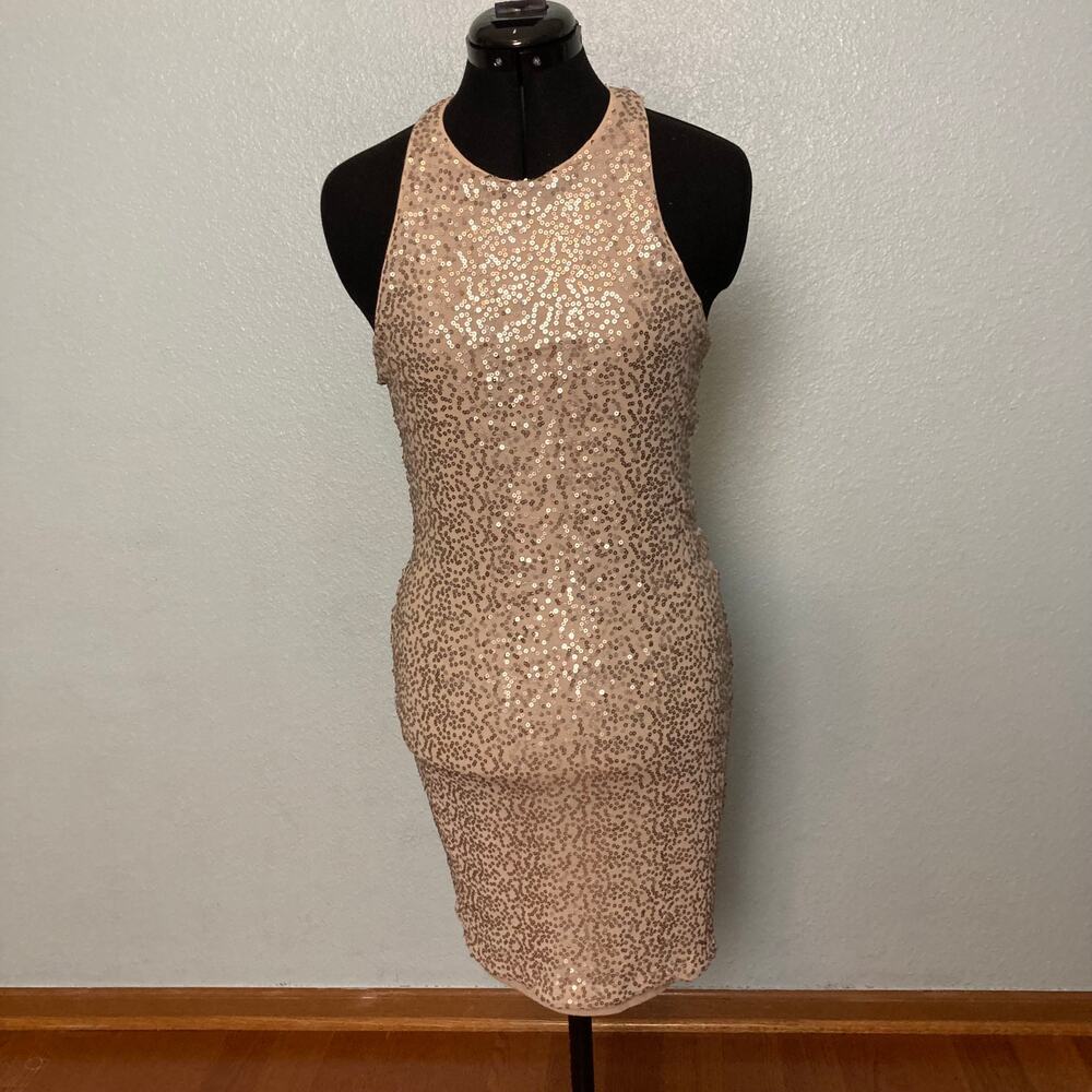 M Hollister Sequin Gold Tan Beige Nude Flapper party midi bodycon fitted dress